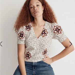 NWT Madewell Quilted Patchwork Puff Sleeve Top Blouse Boho Size XL MSRP$128